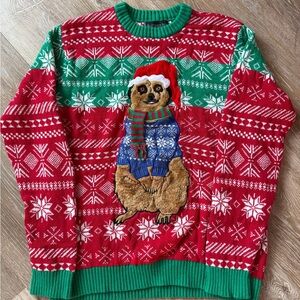 Ugly X-mas Meerkat Red & Green Crewneck Sweater Fair Isle Argyle Patterns Size M